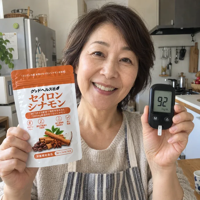 血糖値測定器と製品を持つ女性