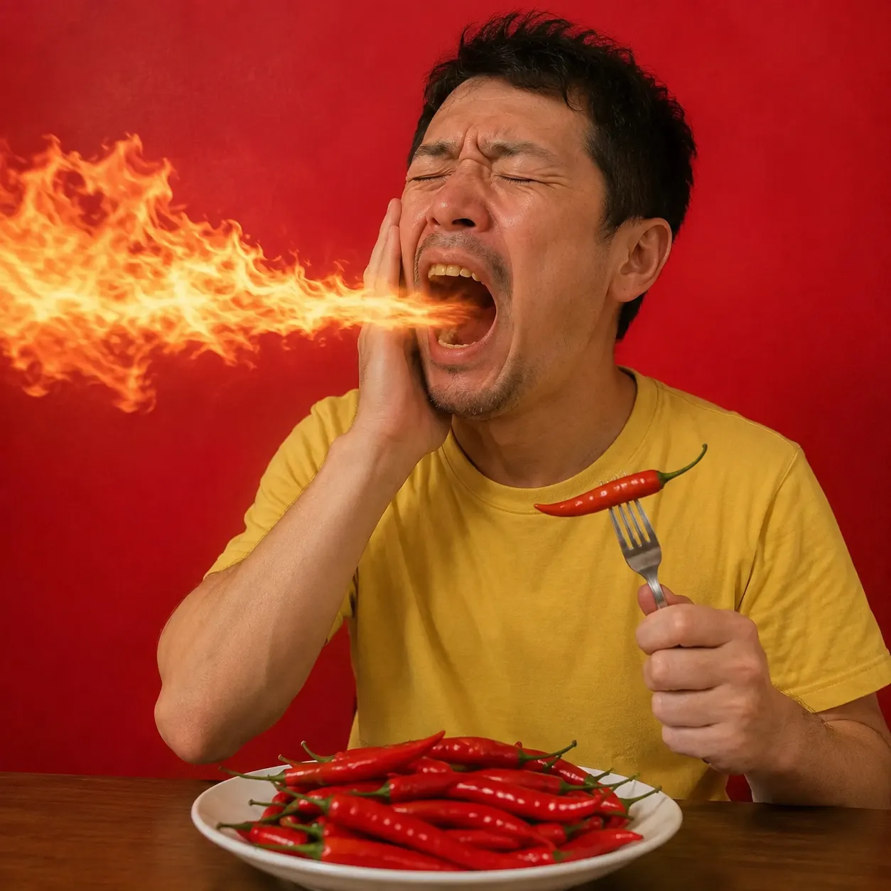 唐辛子を食べる男性のユーモラスなイラスト